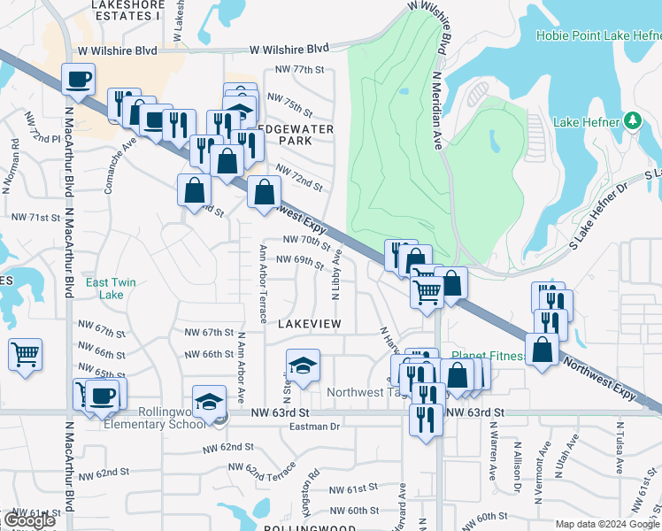 map of restaurants, bars, coffee shops, grocery stores, and more near 7001 North Libby Avenue in Oklahoma City