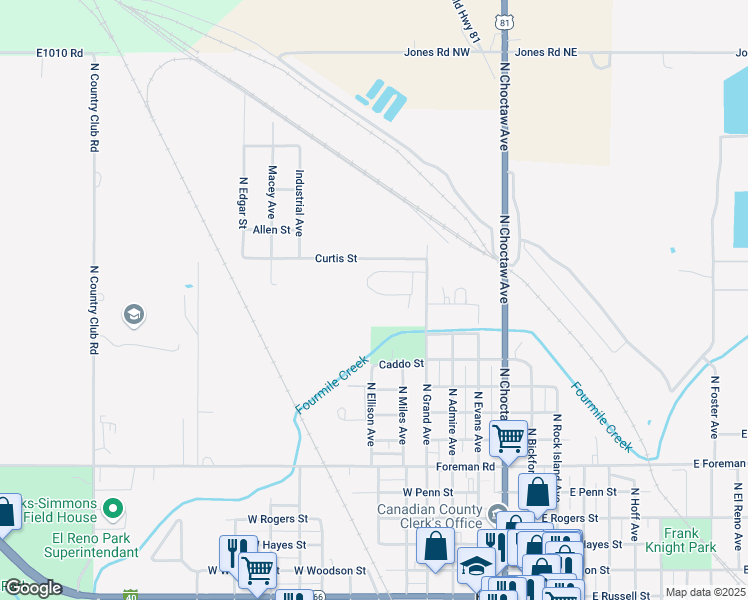 map of restaurants, bars, coffee shops, grocery stores, and more near 807 Pristine Place in El Reno