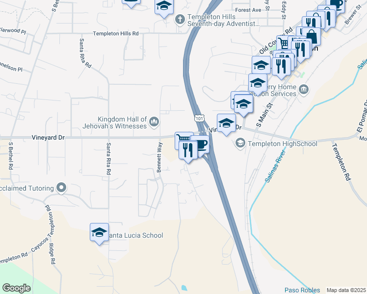 map of restaurants, bars, coffee shops, grocery stores, and more near 2 Rossi Road in Templeton