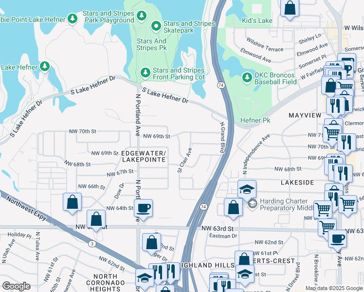 map of restaurants, bars, coffee shops, grocery stores, and more near 6804 Reed Drive in Oklahoma City