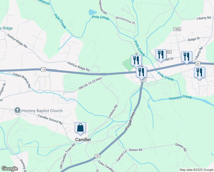 map of restaurants, bars, coffee shops, grocery stores, and more near 1 Caldwell Mobile Home Park Drive in Candler