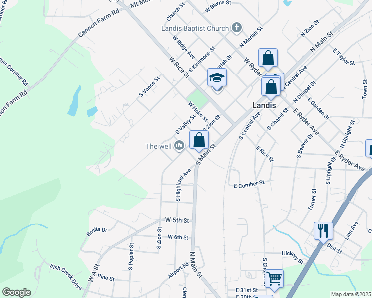 map of restaurants, bars, coffee shops, grocery stores, and more near South Zion Street in Landis