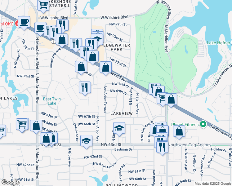 map of restaurants, bars, coffee shops, grocery stores, and more near 6909 Saint Mary's Place in Oklahoma City