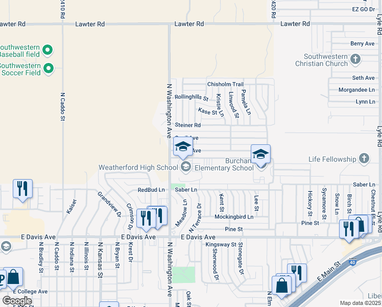 map of restaurants, bars, coffee shops, grocery stores, and more near 1316 Plains Avenue in Weatherford