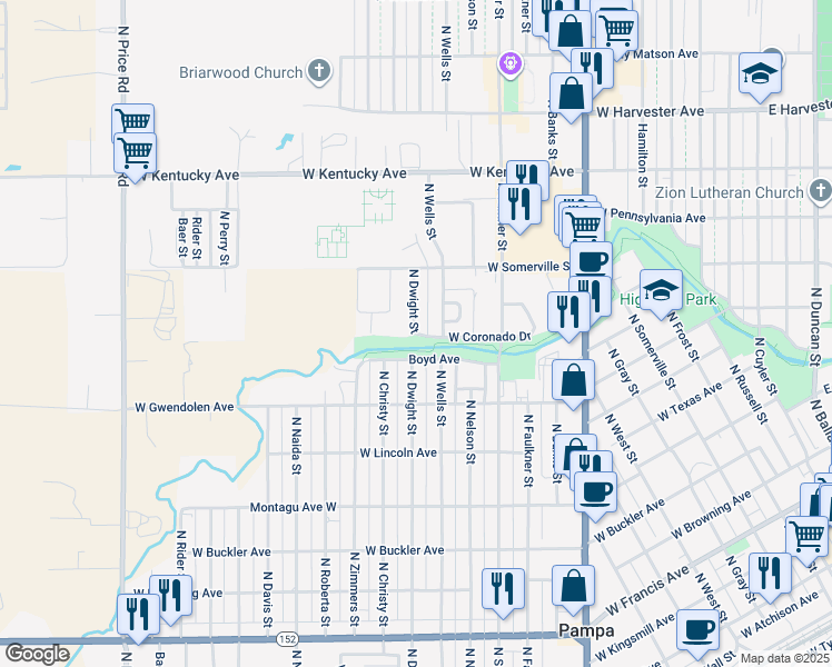 map of restaurants, bars, coffee shops, grocery stores, and more near 1399 W Coronado Dr in Pampa
