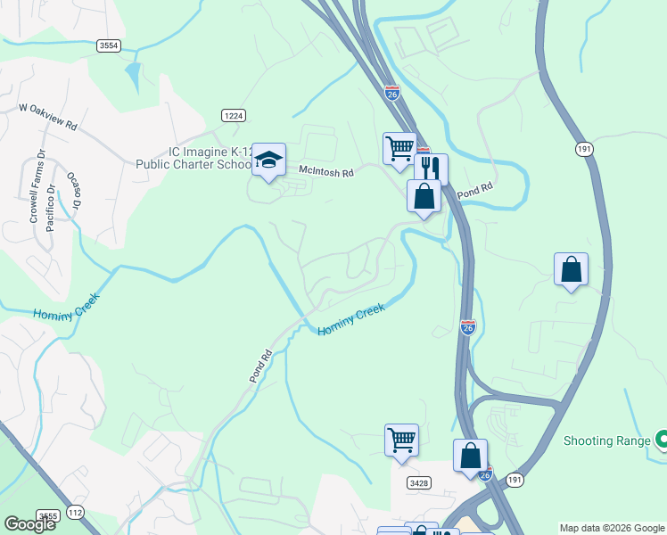 map of restaurants, bars, coffee shops, grocery stores, and more near 199 Pond Road in Asheville