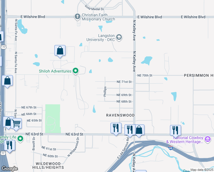 map of restaurants, bars, coffee shops, grocery stores, and more near 801 Northeast 70th Street in Oklahoma City
