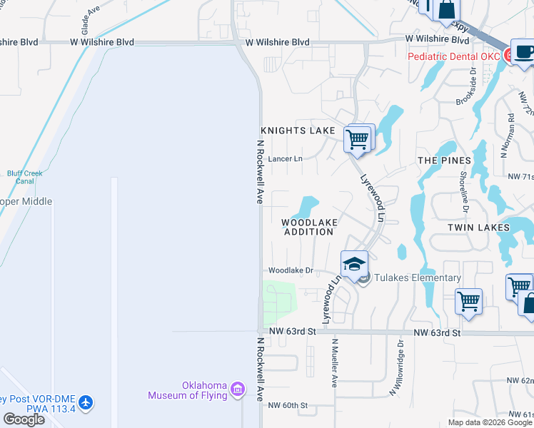 map of restaurants, bars, coffee shops, grocery stores, and more near 6913 Woodridge Avenue in Oklahoma City