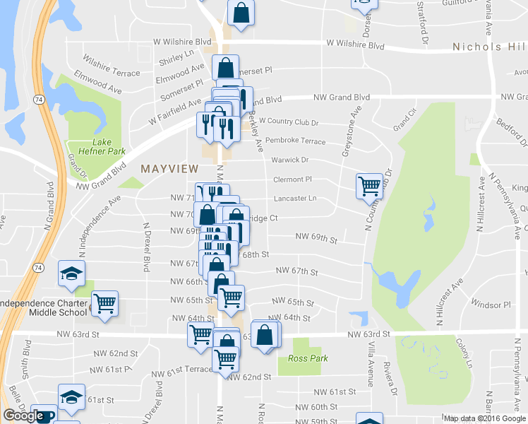 map of restaurants, bars, coffee shops, grocery stores, and more near 2801 Cambridge Court in Oklahoma City