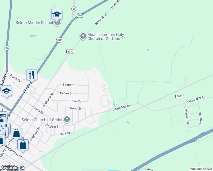 map of restaurants, bars, coffee shops, grocery stores, and more near 9 Oriole Court in Selma