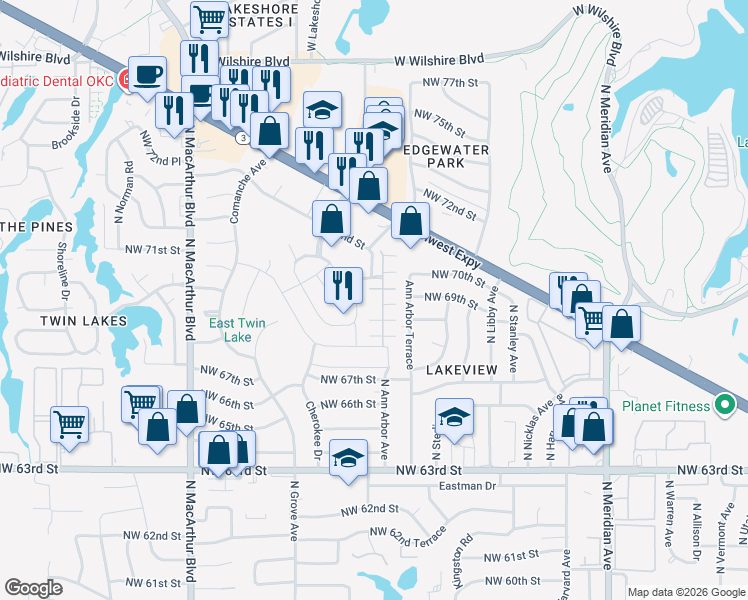 map of restaurants, bars, coffee shops, grocery stores, and more near 7012 Cherokee Crossing East in Warr Acres