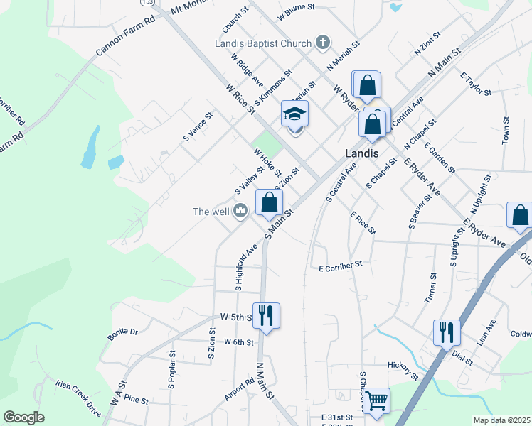 map of restaurants, bars, coffee shops, grocery stores, and more near South Zion Street in Landis