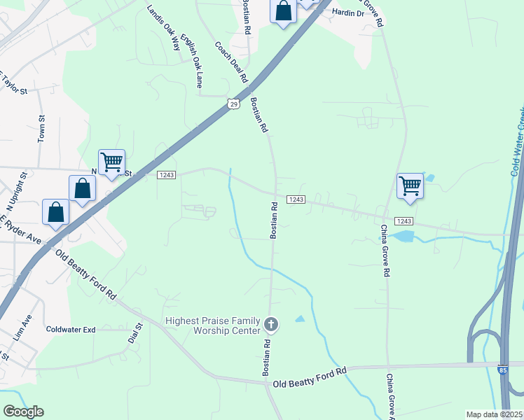 map of restaurants, bars, coffee shops, grocery stores, and more near 1245 Bostian Road in China Grove