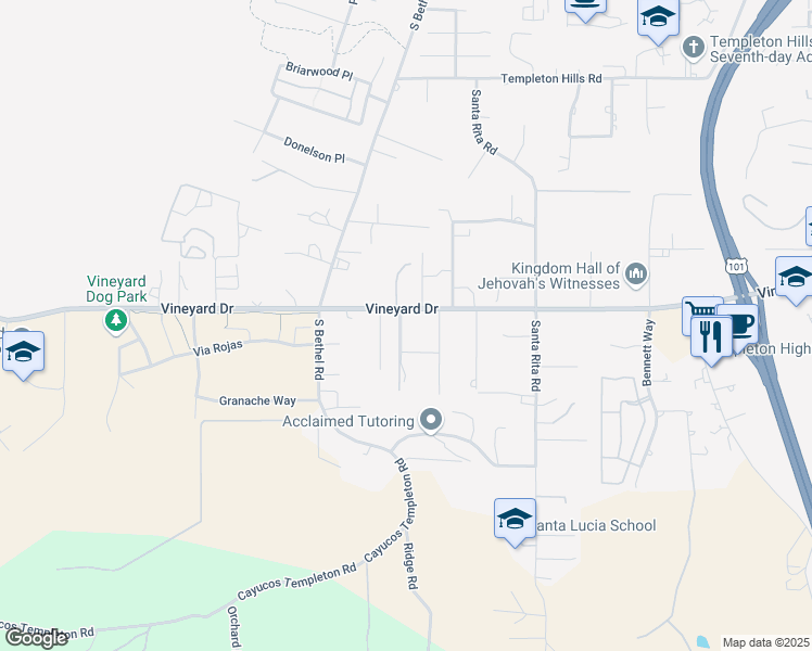 map of restaurants, bars, coffee shops, grocery stores, and more near 1367 Vineyard Drive in Templeton