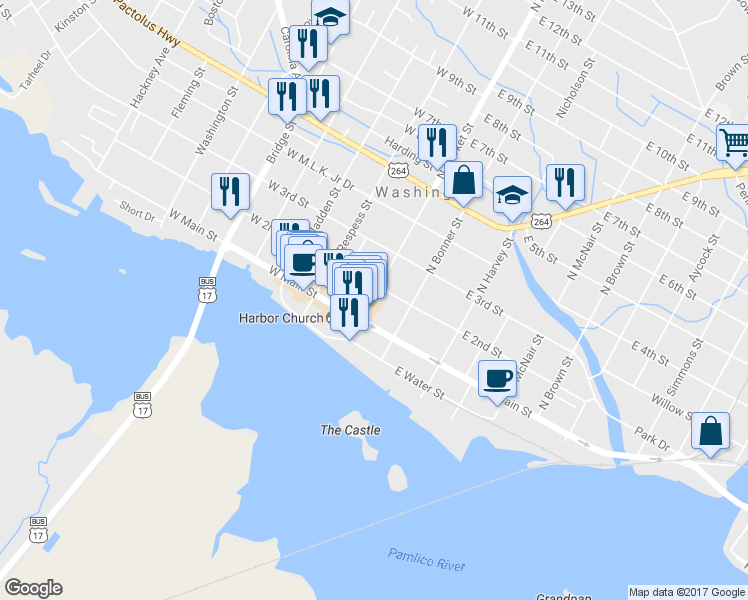 map of restaurants, bars, coffee shops, grocery stores, and more near 143 North Market Street in Washington