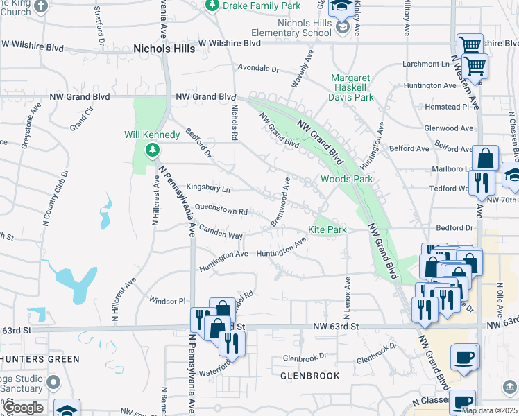 map of restaurants, bars, coffee shops, grocery stores, and more near 1609 Queenstown Road in Nichols Hills