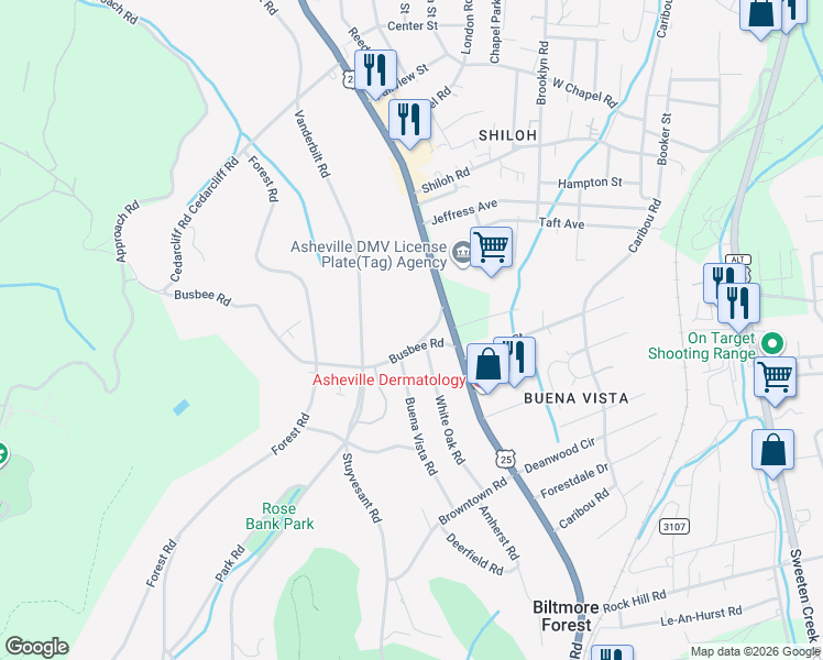 map of restaurants, bars, coffee shops, grocery stores, and more near 6 Busbee Road in Asheville