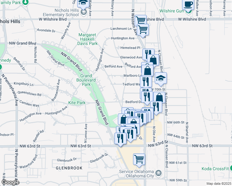 map of restaurants, bars, coffee shops, grocery stores, and more near 6607 Avondale Drive in Nichols Hills