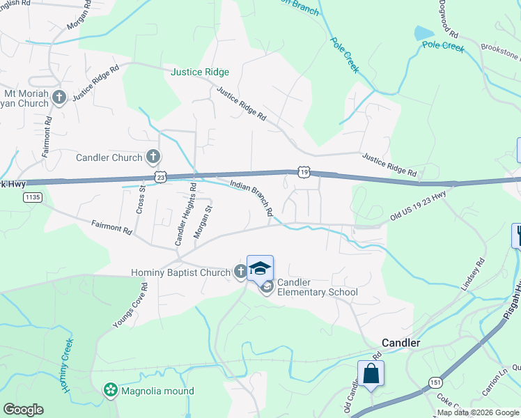 map of restaurants, bars, coffee shops, grocery stores, and more near 15 Indian Branch Road in Candler