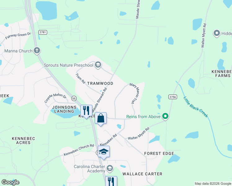 map of restaurants, bars, coffee shops, grocery stores, and more near 2501 Mary Marvin Trail in Fuquay-Varina
