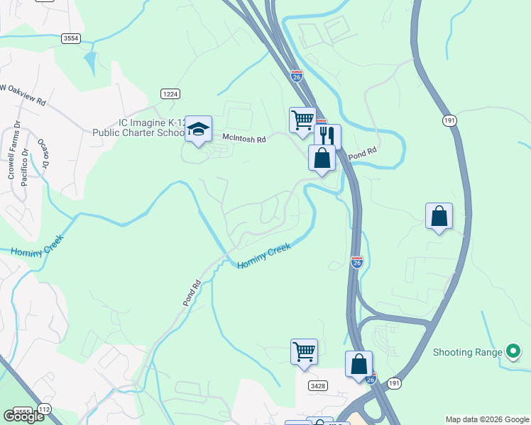 map of restaurants, bars, coffee shops, grocery stores, and more near 199 Pond Road in Asheville