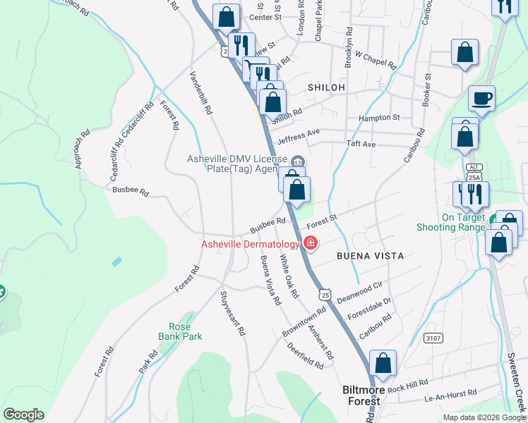 map of restaurants, bars, coffee shops, grocery stores, and more near 6 Busbee Road in Asheville