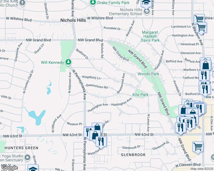 map of restaurants, bars, coffee shops, grocery stores, and more near 1609 Queenstown Road in Nichols Hills
