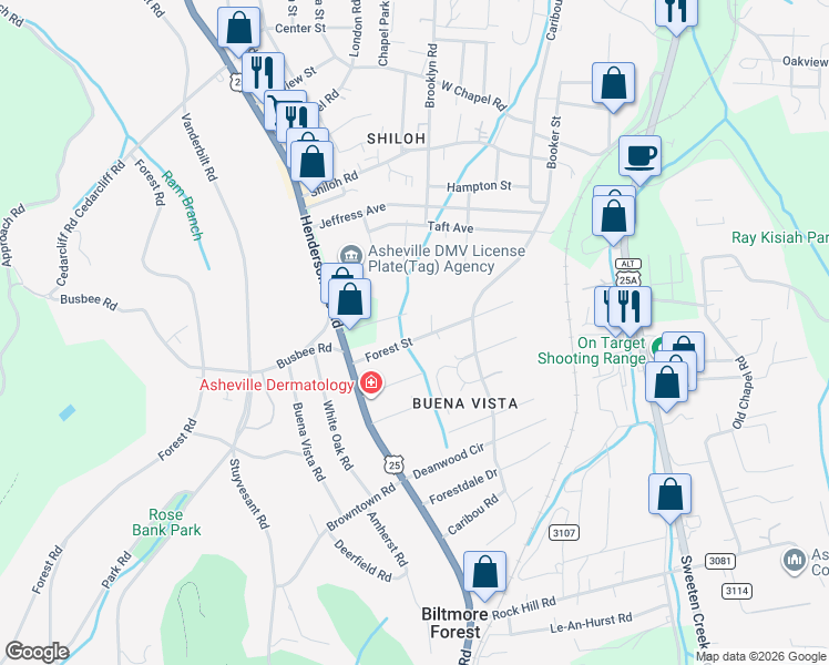 map of restaurants, bars, coffee shops, grocery stores, and more near 52 Forest Street in Asheville