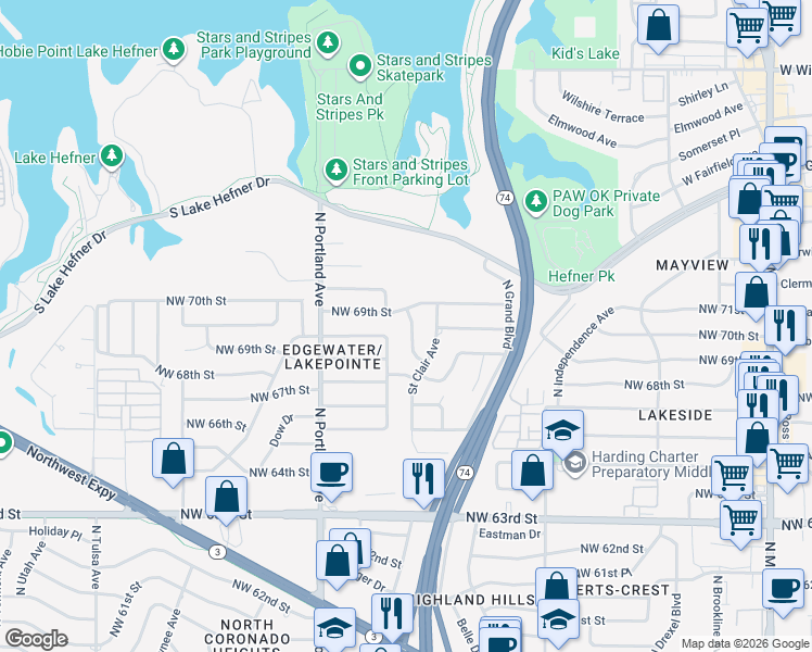 map of restaurants, bars, coffee shops, grocery stores, and more near 6901 Reed Drive in Oklahoma City