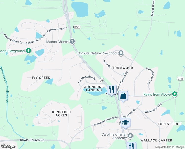 map of restaurants, bars, coffee shops, grocery stores, and more near 8725 Coyote Melon Drive in Angier