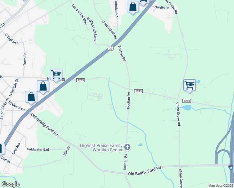map of restaurants, bars, coffee shops, grocery stores, and more near 1245 Bostian Road in China Grove