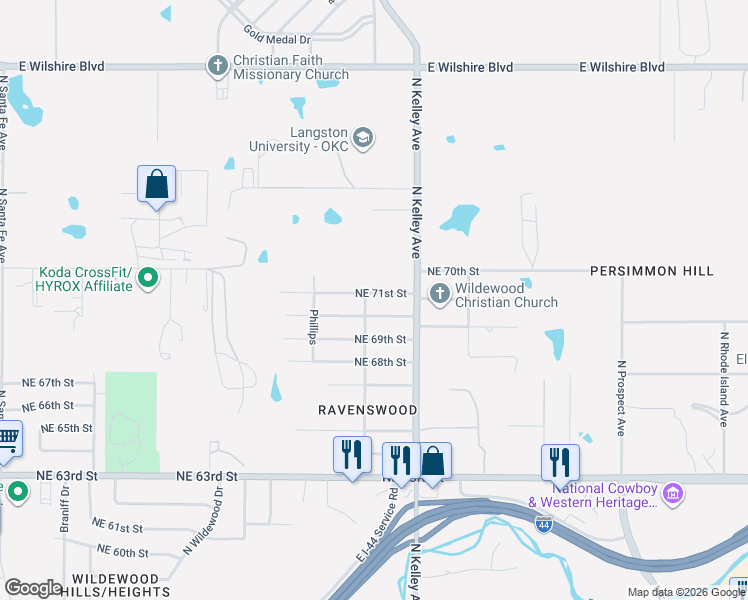 map of restaurants, bars, coffee shops, grocery stores, and more near 7105 North Kelley Avenue in Oklahoma City
