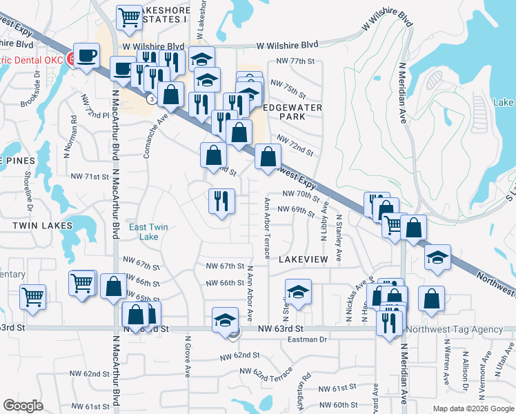 map of restaurants, bars, coffee shops, grocery stores, and more near 6900 North Ann Arbor Terrace in Oklahoma City