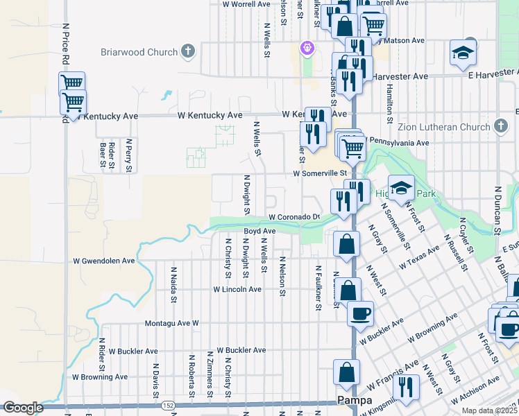 map of restaurants, bars, coffee shops, grocery stores, and more near 1343-1399 W Coronado Dr in Pampa