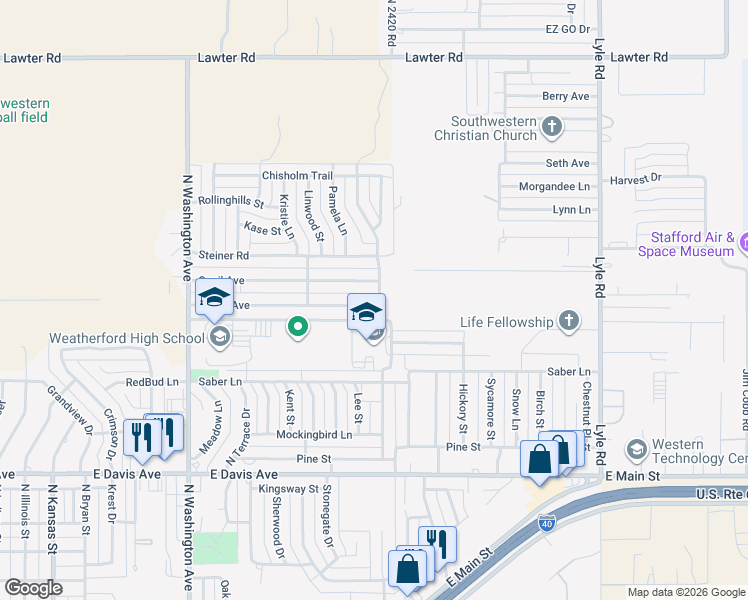 map of restaurants, bars, coffee shops, grocery stores, and more near 1524 Plains Avenue in Weatherford