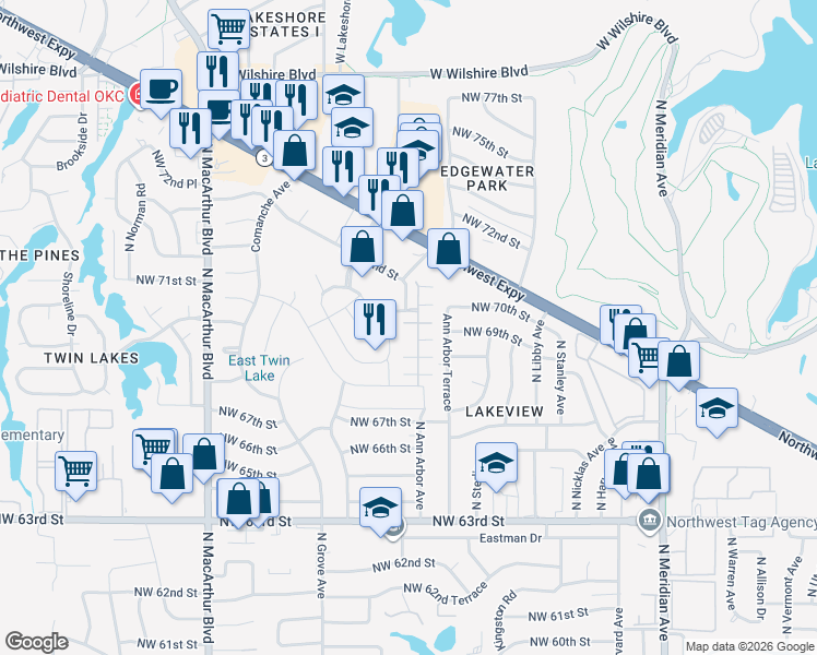 map of restaurants, bars, coffee shops, grocery stores, and more near 7012 Cherokee Crossing East in Warr Acres