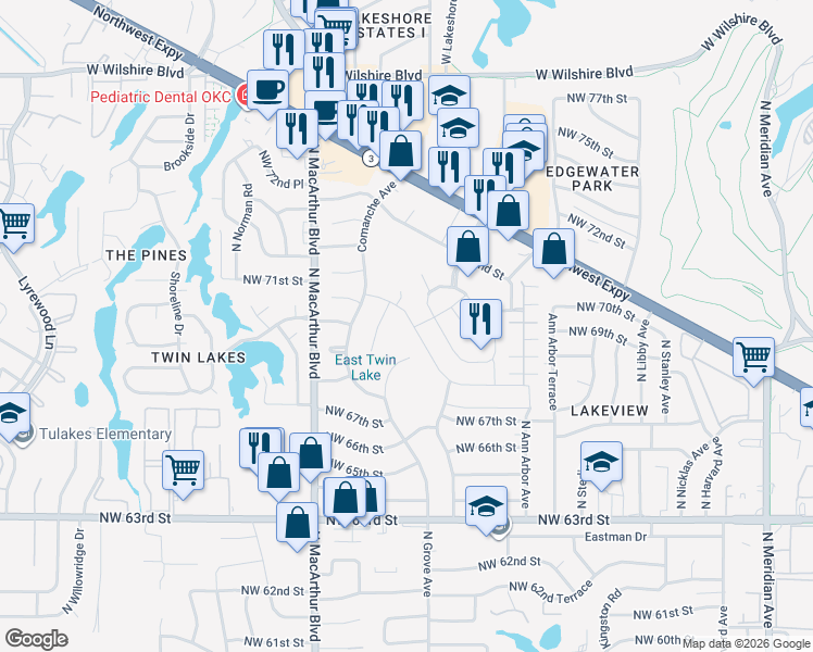 map of restaurants, bars, coffee shops, grocery stores, and more near 6917 North Grove Avenue in Warr Acres