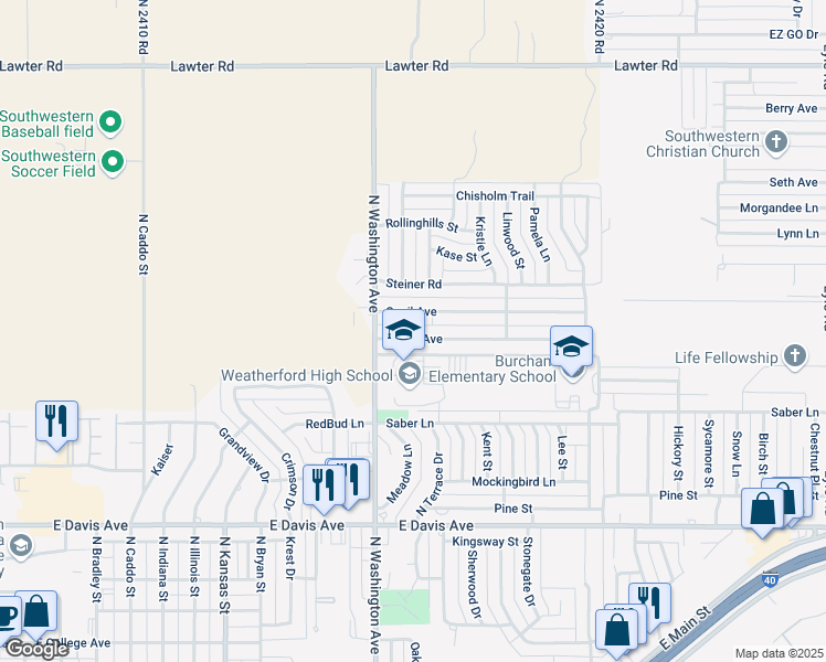 map of restaurants, bars, coffee shops, grocery stores, and more near 1316 Plains Avenue in Weatherford