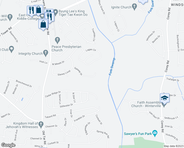 map of restaurants, bars, coffee shops, grocery stores, and more near 4461 Galway Drive in Winterville