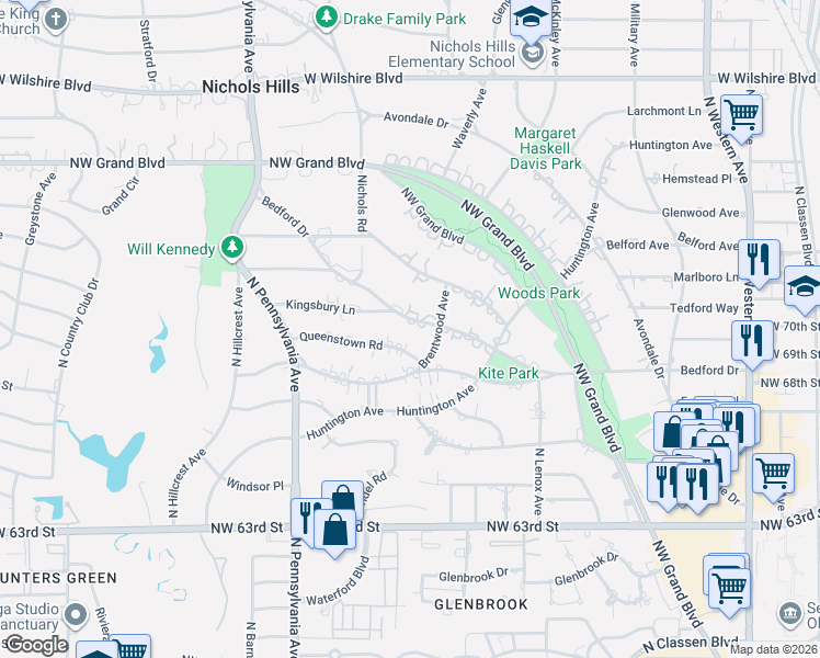map of restaurants, bars, coffee shops, grocery stores, and more near 1609 Queenstown Road in Nichols Hills