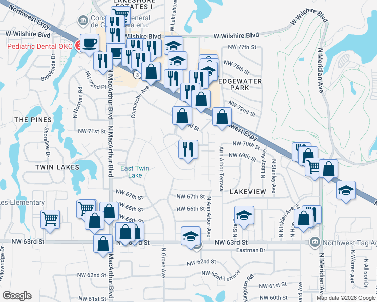 map of restaurants, bars, coffee shops, grocery stores, and more near 7014 Cherokee Landing in Warr Acres