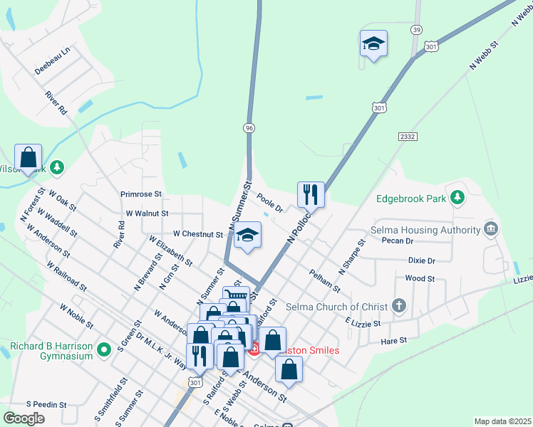 map of restaurants, bars, coffee shops, grocery stores, and more near 212 West Griswold Street in Selma