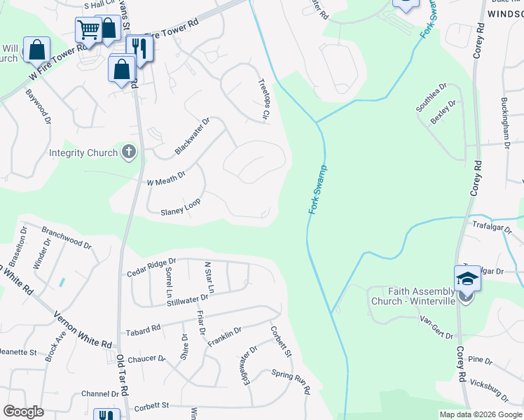 map of restaurants, bars, coffee shops, grocery stores, and more near 4466 Galway Drive in Winterville