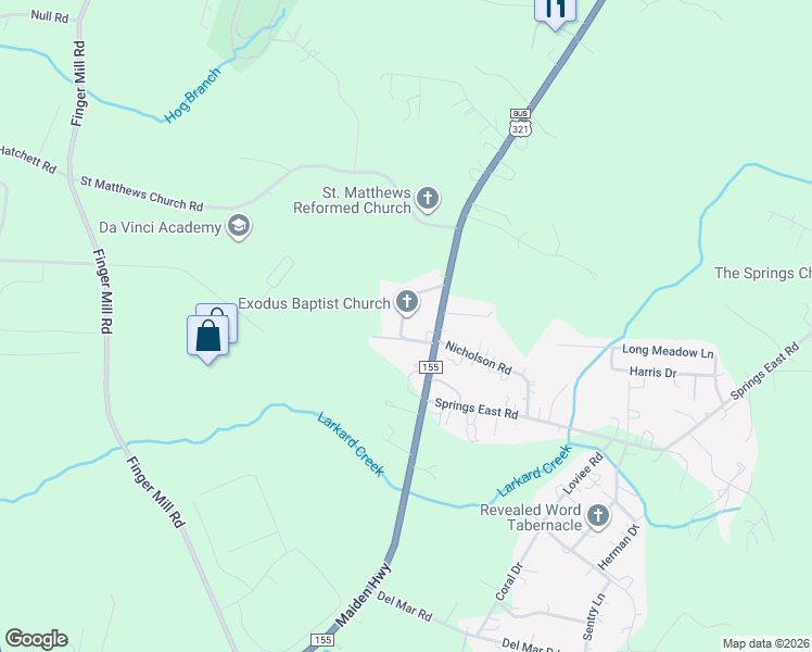 map of restaurants, bars, coffee shops, grocery stores, and more near 3154 Exodus Church Road in Maiden