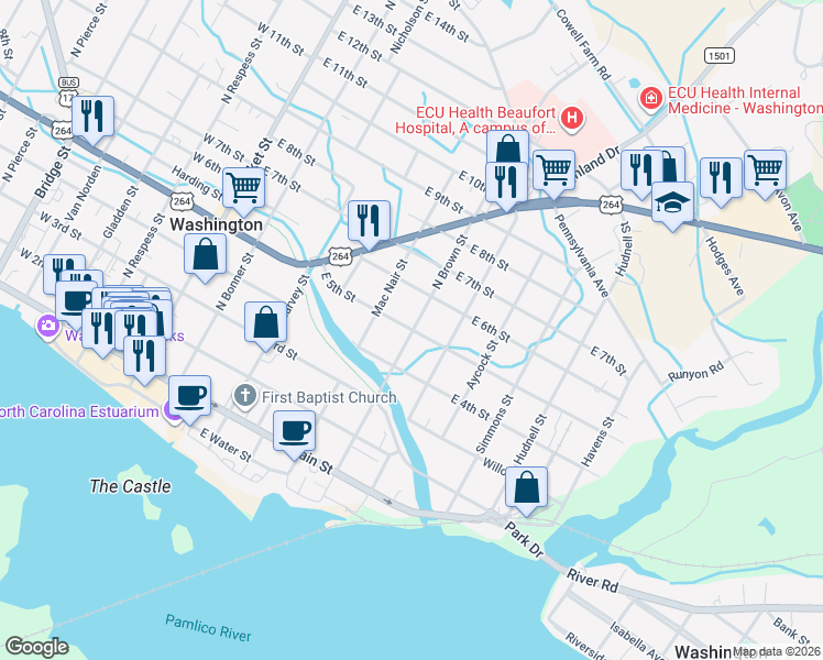map of restaurants, bars, coffee shops, grocery stores, and more near 499 N Brown St in Washington