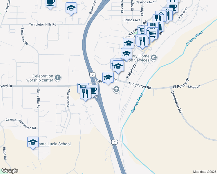 map of restaurants, bars, coffee shops, grocery stores, and more near 1200 South Main Street in Templeton