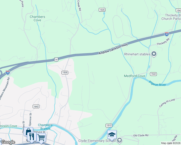 map of restaurants, bars, coffee shops, grocery stores, and more near 609 Nellie John Drive in Clyde