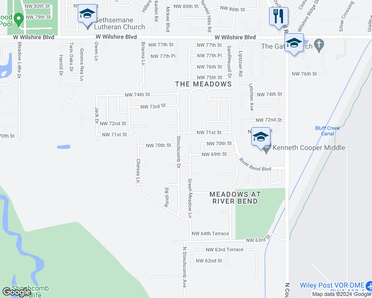 map of restaurants, bars, coffee shops, grocery stores, and more near 7005 Green Meadow Lane in Oklahoma City