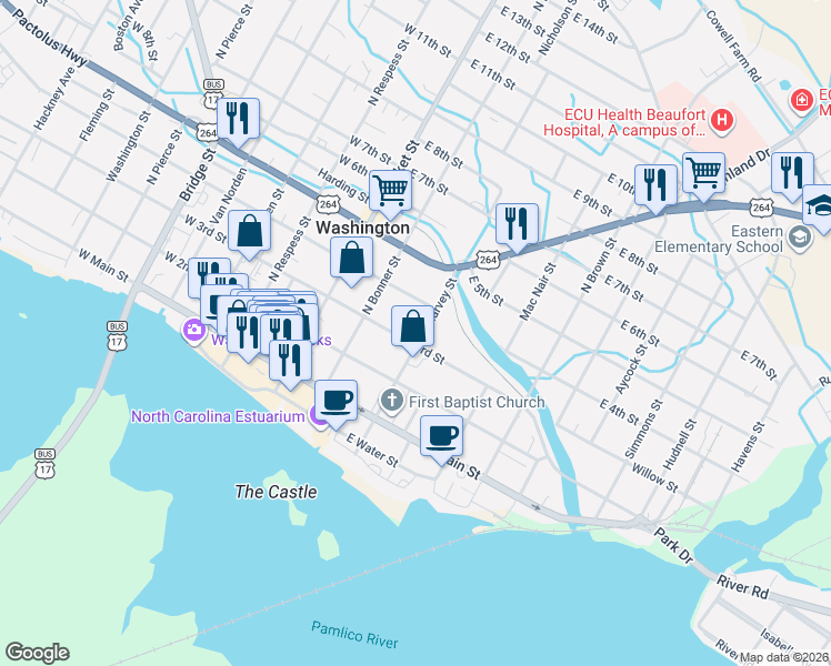 map of restaurants, bars, coffee shops, grocery stores, and more near 224-226 North Harvey Street in Washington