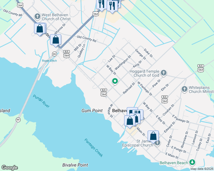 map of restaurants, bars, coffee shops, grocery stores, and more near King St in Belhaven